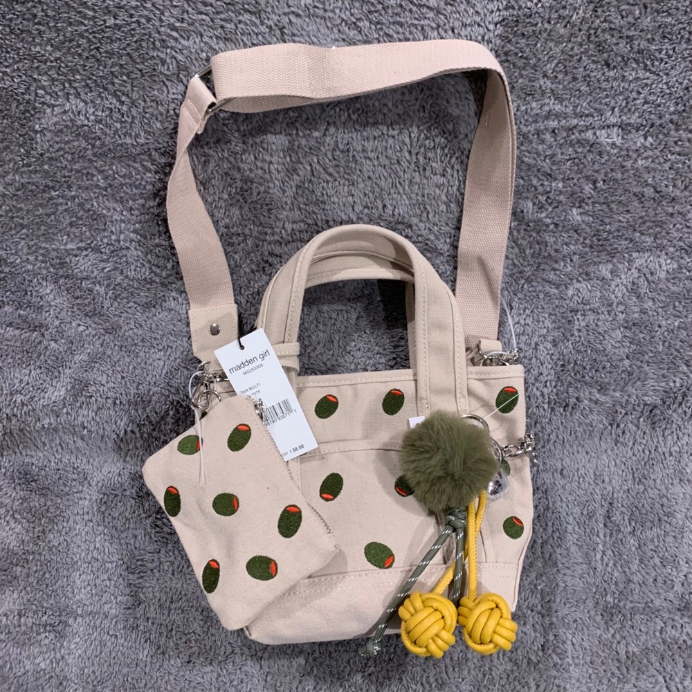 Madden Girl Tan Canvas Mini Tote Bag Olive Embroidered Crossbody MG253305 New